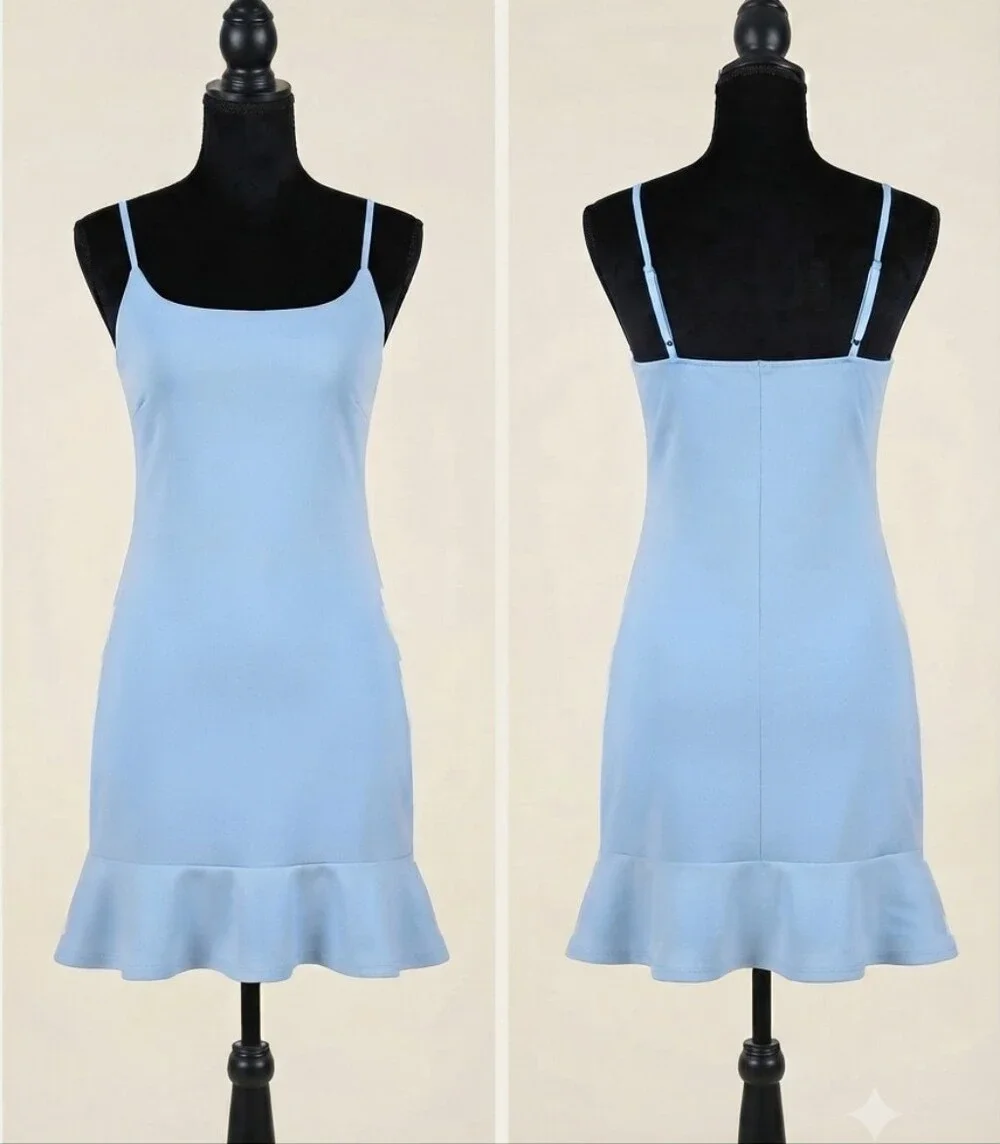Revamped Light Blue Spaghetti Strap Ruffle-Hem Dress